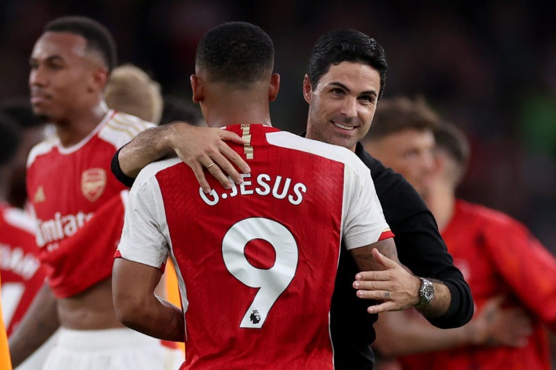 BBC pundits praise Arsenal's 'quiet' & 'amazing start' 3 LONDON, ENGLAND - OCTOBER 08: Mikel Arteta, Manager of Arsenal, interacts with Gabriel Jesus of Arsenal following their sides victory in the Premier League match between Arsenal FC and Manchester City at Emirates Stadium on October 08, 2023 in London, England. (Photo by Ryan Pierse/Getty Images)