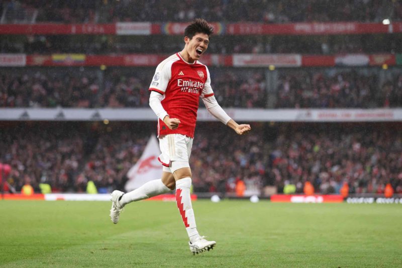 LONDON, ENGLAND - OCTOBER 28: Takehiro Tomiyasu of Arsenal celebrates after scoring the team's fifth goal during the Premier League match between A...