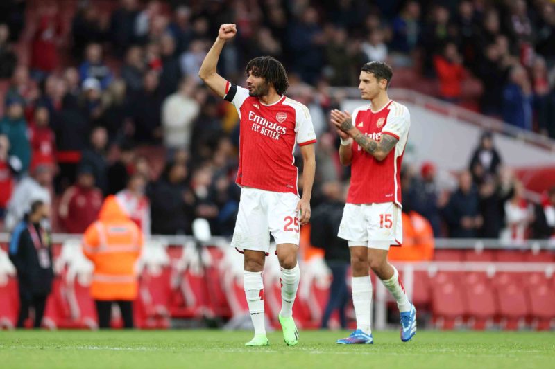 LONDON, ENGLAND - OCTOBER 28: Mohamed Elneny and Jakub Kiwior of Arsenal celebrate the team's victory at full-time following the Premier League mat...