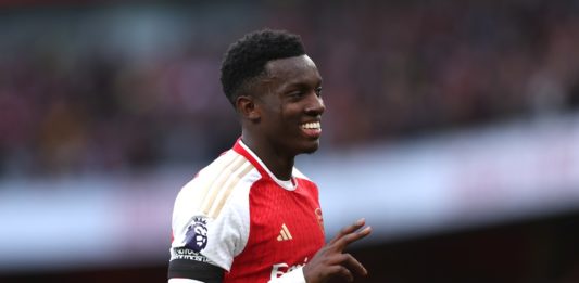 LONDON, ENGLAND: Eddie Nketiah of Arsenal celebrates after scoring the team's third and his hat-trick goal during the Premier League match between Arsenal FC and Sheffield United at Emirates Stadium on October 28, 2023. (Photo by Alex Pantling/Getty Images)