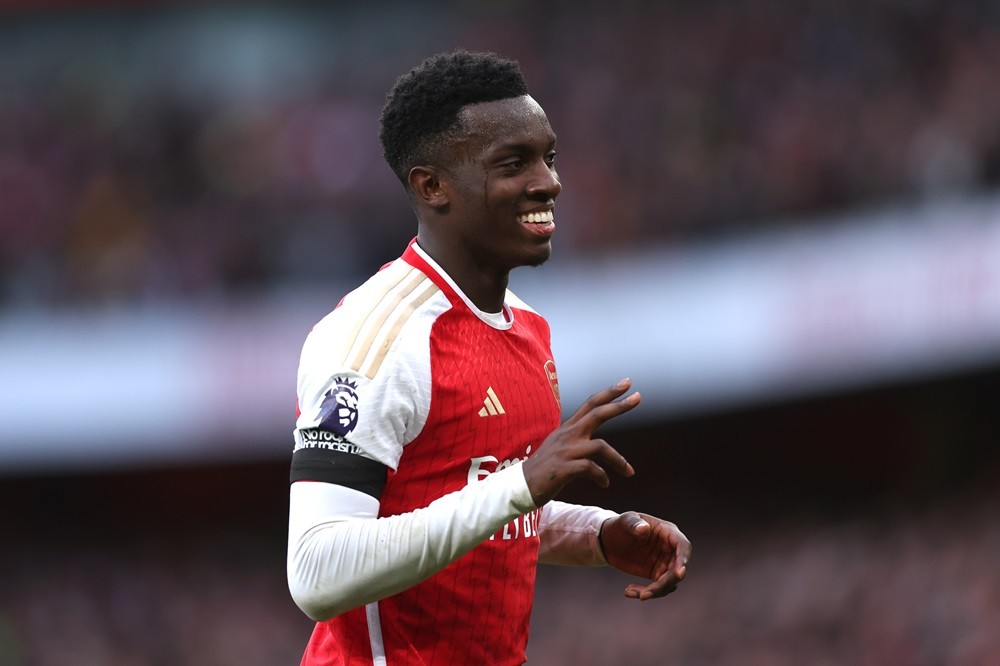 LONDON, ENGLAND: Eddie Nketiah of Arsenal celebrates after scoring the team's third and his hat-trick goal during the Premier League match between ...