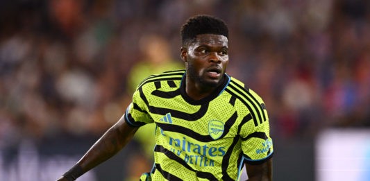 LONDON, ENGLAND - AUGUST 21: Thomas Partey of Arsenal in action during the Premier League match between Crystal Palace and Arsenal FC at Selhurst Park on August 21, 2023 in London, England. (Photo by Mike Hewitt/Getty Images)