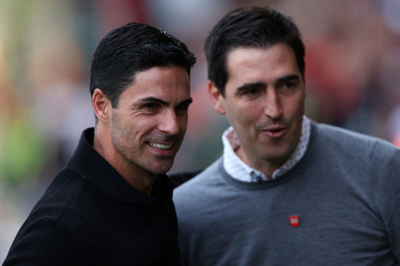 Arsenal's Spanish manager Mikel Arteta (L) and Bournemouth's Spanish manager Andoni Iraola greet each other before the English Premier League footb...