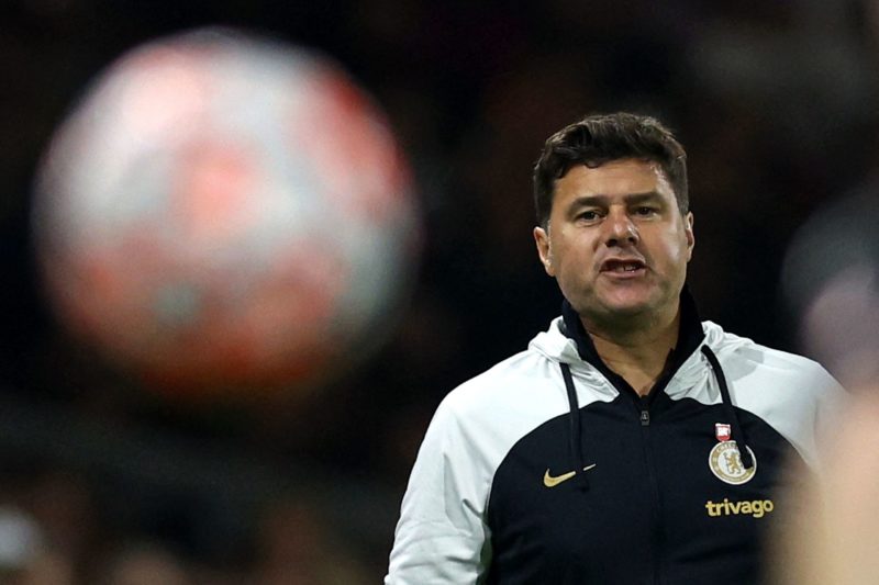 Chelsea's Argentinian head coach Mauricio Pochettino shouts instructions to the players from the touchline during the English Premier League footba...