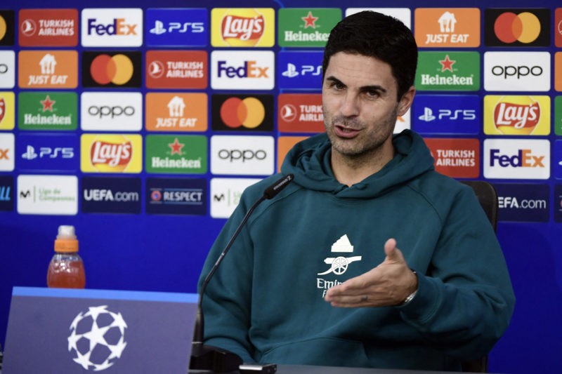 Arsenal's Spanish coach Mikel Arteta holds a press conference at the Ramon Sanchez Pizjuan stadium in Seville on October 23, 2023, on the eve of th...
