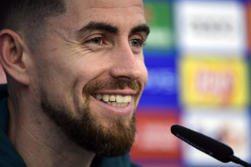 Arsenal's Italian midfielder #20 Jorginho holds a press conference at the Ramon Sanchez Pizjuan stadium in Seville on October 23, 2023, on the eve ...