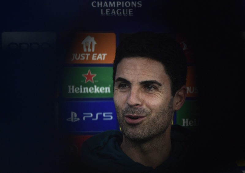 Arsenal's Spanish coach Mikel Arteta holds a press conference at the Ramon Sanchez Pizjuan stadium in Seville on October 23, 2023, on the eve of th...