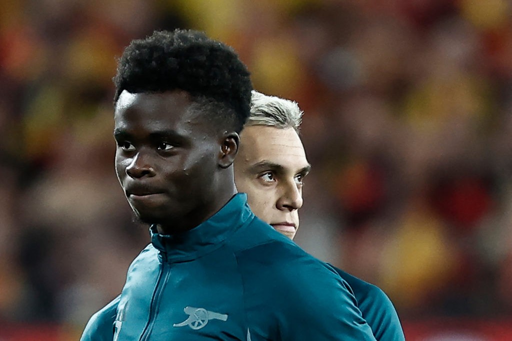 How Arsenal hid Saka's true injury status from the world 2 Arsenal's English midfielder #07 Bukayo Saka (L) and Arsenal's Belgian midfielder #19 Leandro Trossard warm up prior to the UEFA Champions League Group B first leg football match between RC Lens and Arsenal FC at the Bollaert Stadium in Lens, northern France, on October 3, 2023. (Photo by SAMEER AL-DOUMY/AFP via Getty Images)