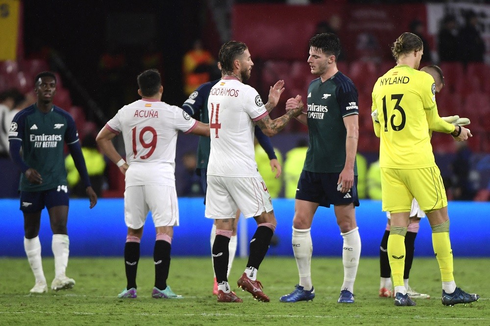 Sevilla's Spanish defender Sergio Ramos shakes hands with Arsenal's English midfielder #41 Declan Rice at the end of the UEFA Champions League 1st ...