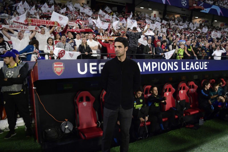 Arsenal's Spanish coach Mikel Arteta is pictured before the UEFA Champions League 1st round day 3 Group B football match between Sevilla FC and Ars...