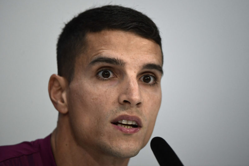 Sevilla's Argentinian forward Erik Lamela holds a press conference at the Jose Ramon Cisneros Palacios sports city in Seville on October 23, 2023, ...