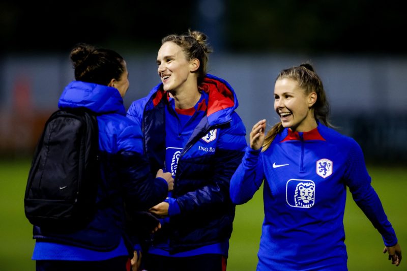 Netherlands' forward Vivianne Miedema (C) attends a training session in Zeist, on October 23, 2023 ahead of the UEFA Women's Nations League footbal...