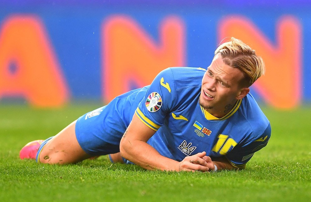 Ukraine's Mykhaylo Mudryk reacts during the UEFA Euro 2024 qualifying Group C football match between Ukraine and North Macedonia in Prague on Octob...