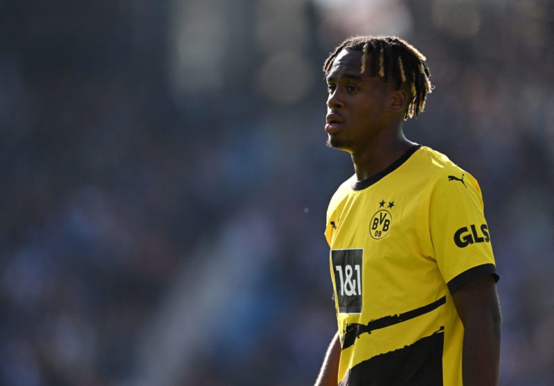 Dortmund's English forward #43 Jamie Bynoe-Gittens looks on during the German first division Bundesliga football match between VfL Bochum and BVB B...