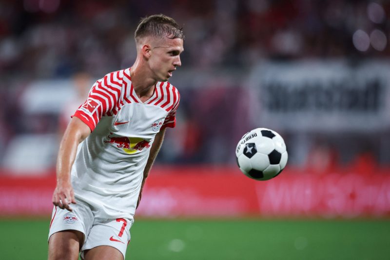 Leipzig's Spanish forward #07 Dani Olmo controls the ball during the German first division Bundesliga football match between RB Leipzig and VfB Stu...