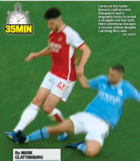 Mark Clattenburg in the Daily Mail on Kovacic vs Arsenal - Croatian could have gone not once but twice! Daily Mail9 Oct 2023By MARK CLATTENBURG MATEO KOVACIC is a very lucky boy and so is referee Michael Oliver, given Arsenal went on to win regardless of Manchester City keeping all 11 men on the pitch. Kovacic could have been dismissed not once, but twice. His first yellow could have been upgraded to red if VAR John Brooks had told Oliver to take a second look at his nasty tackle from behind on Martin Odegaard. But when Kovacic then caught Declan Rice late on the ankle, the City midfielder could easily have been shown a second yellow. Matches between the Big Six can be emotionally charged and full of hot-blooded challenges and that may have been taken into account. But Oliver would have been getting some grief over this international break if it hadn’t been for Gabriel Martinelli’s late goal.