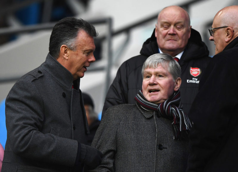 MANCHESTER, ENGLAND - FEBRUARY 03: Former Arsenal players David O'Leary (L) and Pat Rice look on prior to the Premier League match between Manchest...