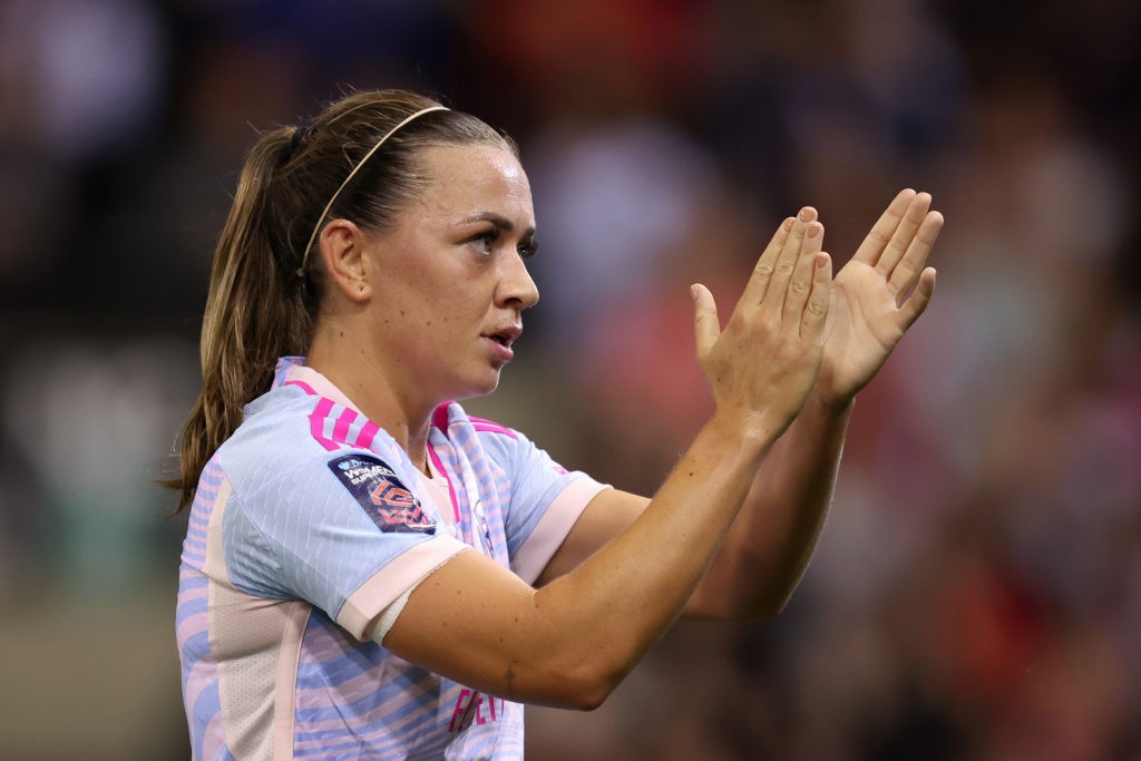 LEIGH, ENGLAND - OCTOBER 06: Katie McCabe of Arsenal acknowledges the fans after the Barclays Women´s Super League match between Manchester United and Arsenal FC at Leigh Sports Village on October 06, 2023 in Leigh, England. (Photo by Matt McNulty/Getty Images)