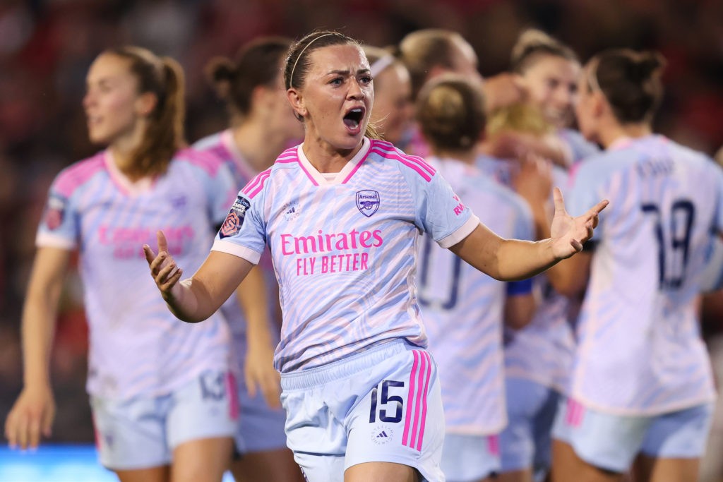 LEIGH, ENGLAND - OCTOBER 06: Katie McCabe of Arsenal celebrates after the teams second goal scored by Cloe Lacasse (obscured) during the Barclays Women´s Super League match between Manchester United and Arsenal FC at Leigh Sports Village on October 06, 2023 in Leigh, England. (Photo by Matt McNulty/Getty Images)