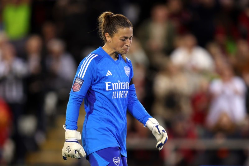 LEIGH, ENGLAND - OCTOBER 06: Sabrina D'Angelo of Arsenal reacts after miss-hitting the ball leading to a goal for Manchester United scored by Leah Galton of Manchester United (not pictured) during the Barclays Women´s Super League match between Manchester United and Arsenal FC at Leigh Sports Village on October 06, 2023 in Leigh, England. (Photo by Matt McNulty/Getty Images)