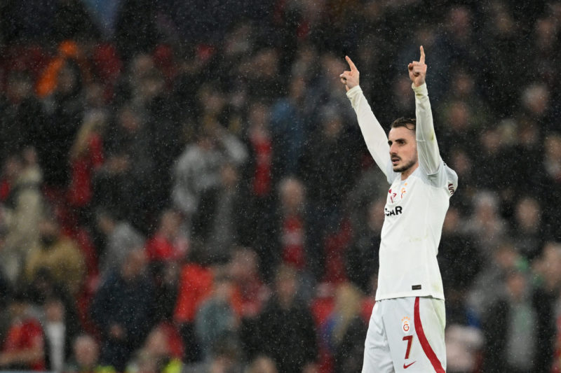 MANCHESTER, ENGLAND - OCTOBER 03: Muhammed Kerem Akturkoglu of Galatasaray celebrates during the UEFA Champions League match between Manchester United and Galatasaray A.S at Old Trafford on October 03, 2023 in Manchester, England. (Photo by Michael Regan/Getty Images)