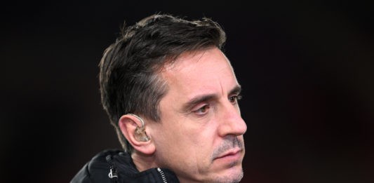 NOTTINGHAM, ENGLAND - MARCH 17: Sky Sports Presenter, Gary Neville looks on during the Premier League match between Nottingham Forest and Newcastle United at City Ground on March 17, 2023 in Nottingham, England. (Photo by Laurence Griffiths/Getty Images)