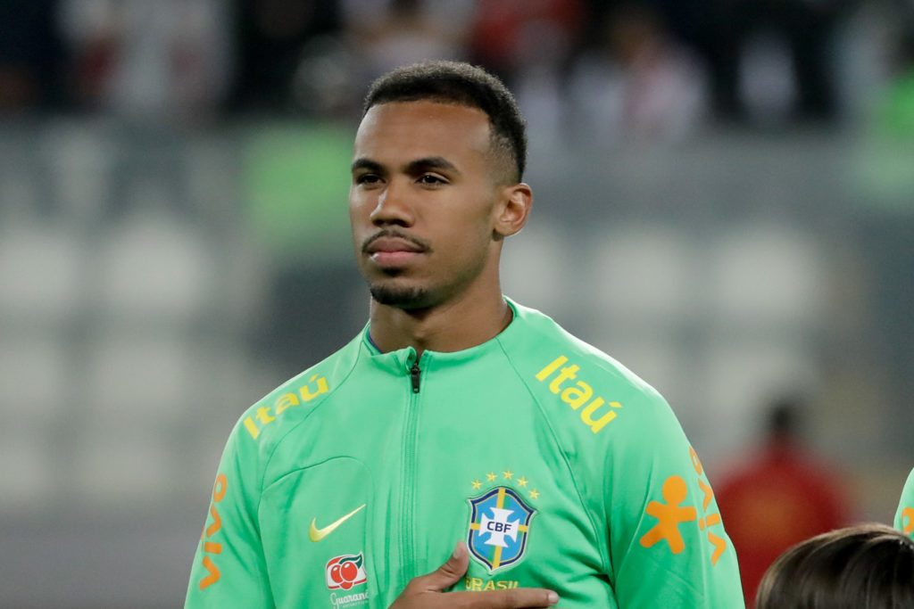 LIMA, PERU: Gabriel Magalhães (L) and Danilo of Brazil line up prior to a FIFA World Cup 2026 Qualifier match between Peru and Brazil at Estadio Nacional de Lima on September 12, 2023. (Photo by Mariana Bazo/Getty Images)