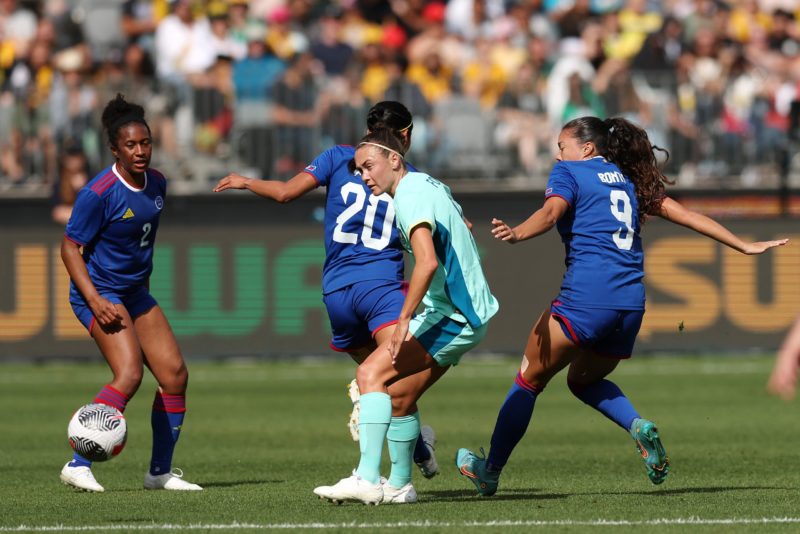 Arsenal star scores hattrick for country 3 PERTH, AUSTRALIA - OCTOBER 29: Caitlin Foord of the Matildas controls the ball during the AFC Women's Asian Olympic Qualifier match between Philippines and Australia Matildas at Optus Stadium on October 29, 2023 in Perth, Australia. (Photo by Will Russell/Getty Images)