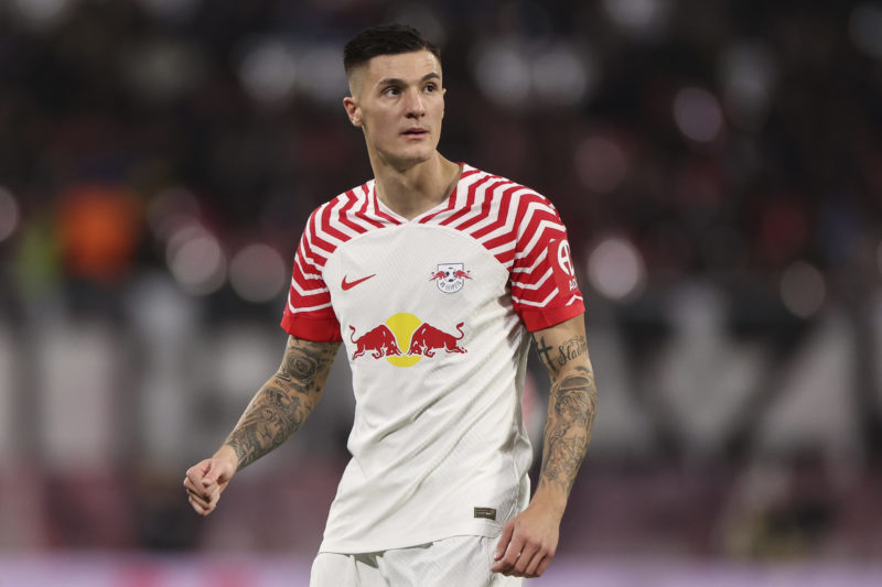 LEIPZIG, GERMANY - OCTOBER 28: Benjamin Sesko of RB Leipzig looks on during the Bundesliga match between RB Leipzig and 1. FC Köln at Red Bull Aren...