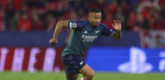 SEVILLE, SPAIN - OCTOBER 24: Gabriel Jesus of Arsenal FC in action during the UEFA Champions League match between Sevilla FC and Arsenal FC at Estadio Ramon Sanchez Pizjuan on October 24, 2023 in Seville, Spain. (Photo by Fran Santiago/Getty Images)