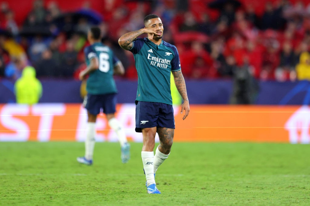 Brazil boss explains injured Gabriel Jesus call-up 3 SEVILLE, SPAIN - OCTOBER 24: Gabriel Jesus of Arsenal celebrates after scoring the team's second goal during the UEFA Champions League match between Sevilla FC and Arsenal FC at Estadio Ramon Sanchez Pizjuan on October 24, 2023 in Seville, Spain. (Photo by Fran Santiago/Getty Images)