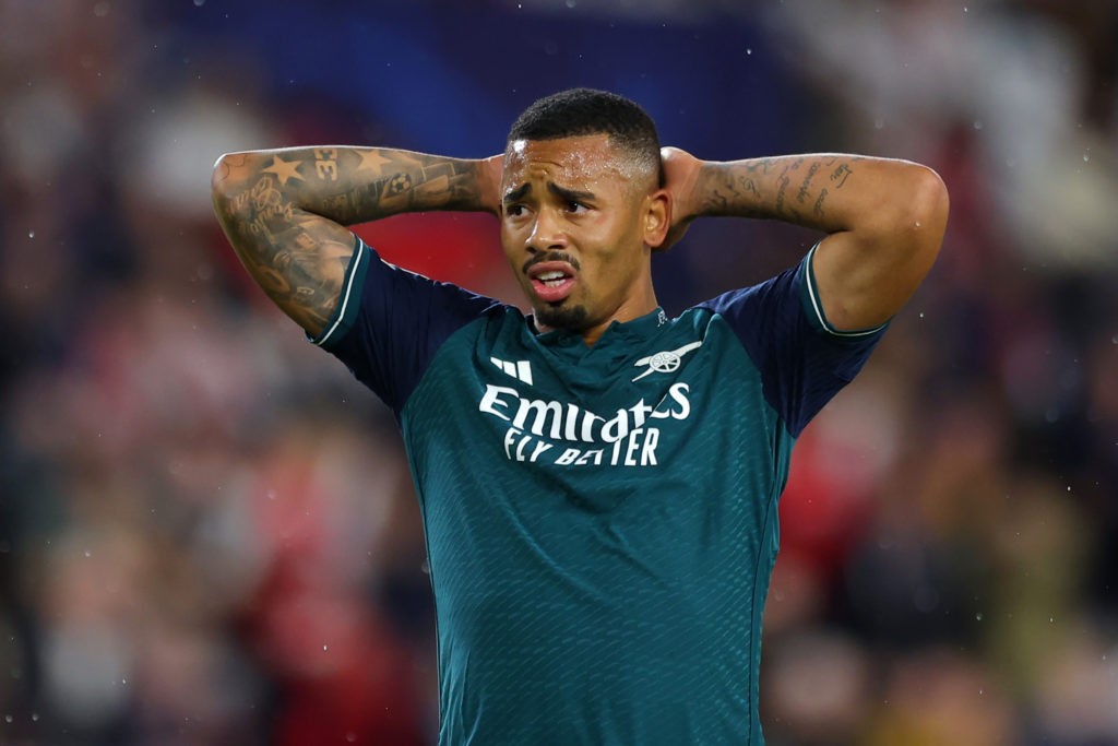 Brazil boss explains injured Gabriel Jesus call-up 4 SEVILLE, SPAIN - OCTOBER 24: Gabriel Jesus of Arsenal looks on during the UEFA Champions League match between Sevilla FC and Arsenal FC at Estadio Ramon Sanchez Pizjuan on October 24, 2023 in Seville, Spain. (Photo by Fran Santiago/Getty Images)