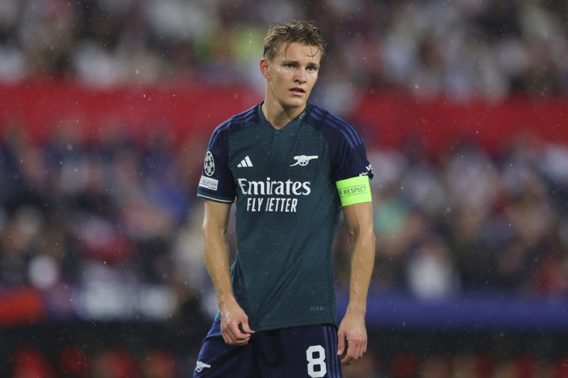 SEVILLE, SPAIN - OCTOBER 24: Martin Odegaard of Arsenal FC looks on during the UEFA Champions League match between Sevilla FC and Arsenal FC at Est...