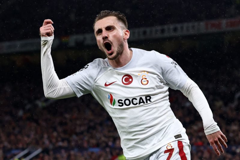 TOPSHOT - Galatasaray's Turkish forward #07 Muhammed Kerem Akturkoglu celebrates scoring the team's second goal during the UEFA Champions league group A football match between Manchester United and Galatasaray at Old Trafford stadium in Manchester, north west England, on October 3, 2023. (Photo by Darren Staples / AFP) (Photo by DARREN STAPLES/AFP via Getty Images)