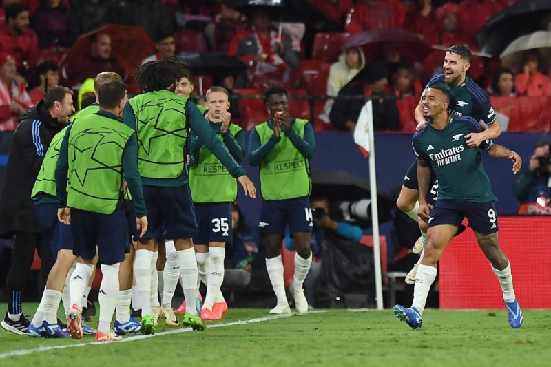 Gabriel Jesus injury update 3 TOPSHOT - Arsenal's Brazilian forward #09 Gabriel Jesus celebrates scoring his team's second goal during the UEFA Champions League 1st round day 3 Group B football match between Sevilla FC and Arsenal at the Ramon Sanchez Pizjuan stadium in Seville on October 24, 2023. (Photo by JORGE GUERRERO/AFP via Getty Images)