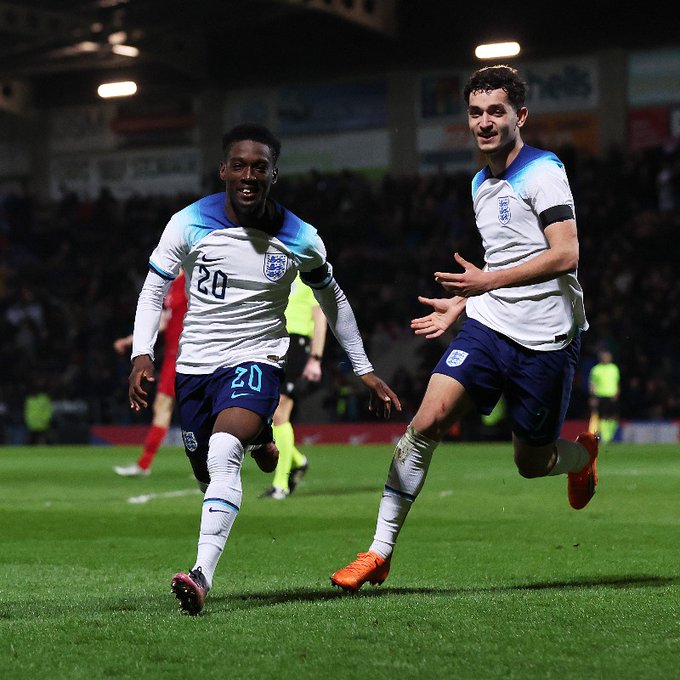 Amario Cozier-Duberry celebrates a goal for the England u19s (Photo via England on Twitter)