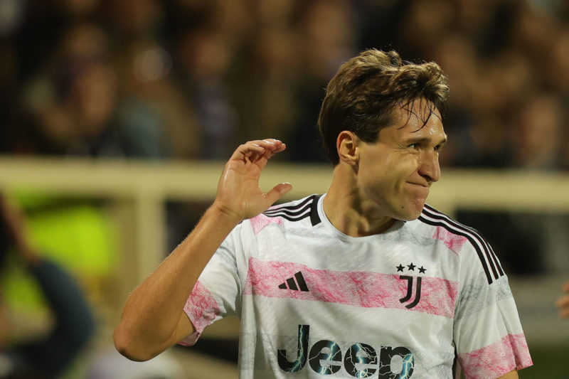 FLORENCE, ITALY - NOVEMBER 5: Federico Chiesa of Juventus reacts during the Serie A TIM match between ACF Fiorentina and Juventus at Stadio Artemio Franchi on November 5, 2023 in Florence, Italy. (Photo by Gabriele Maltinti/Getty Images)
