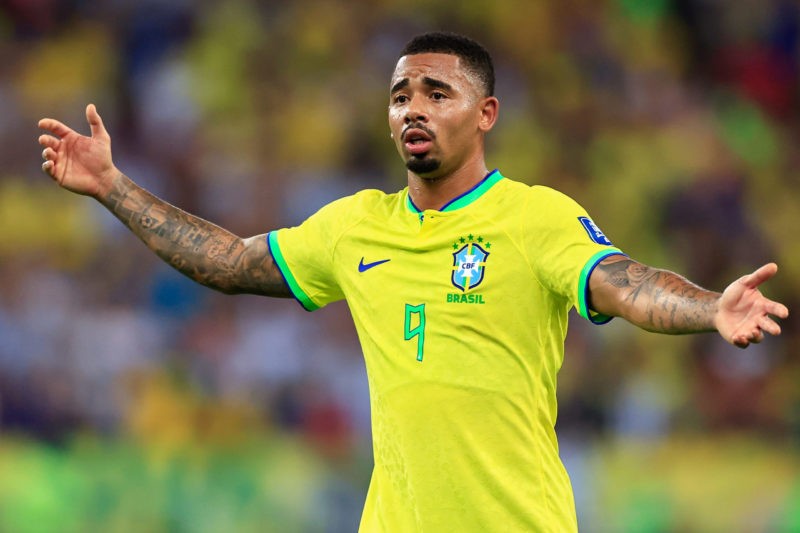 RIO DE JANEIRO, BRAZIL - NOVEMBER 21: Gabriel Jesus of Brazil gestures during a FIFA World Cup 2026 Qualifier match between Brazil and Argentina at...