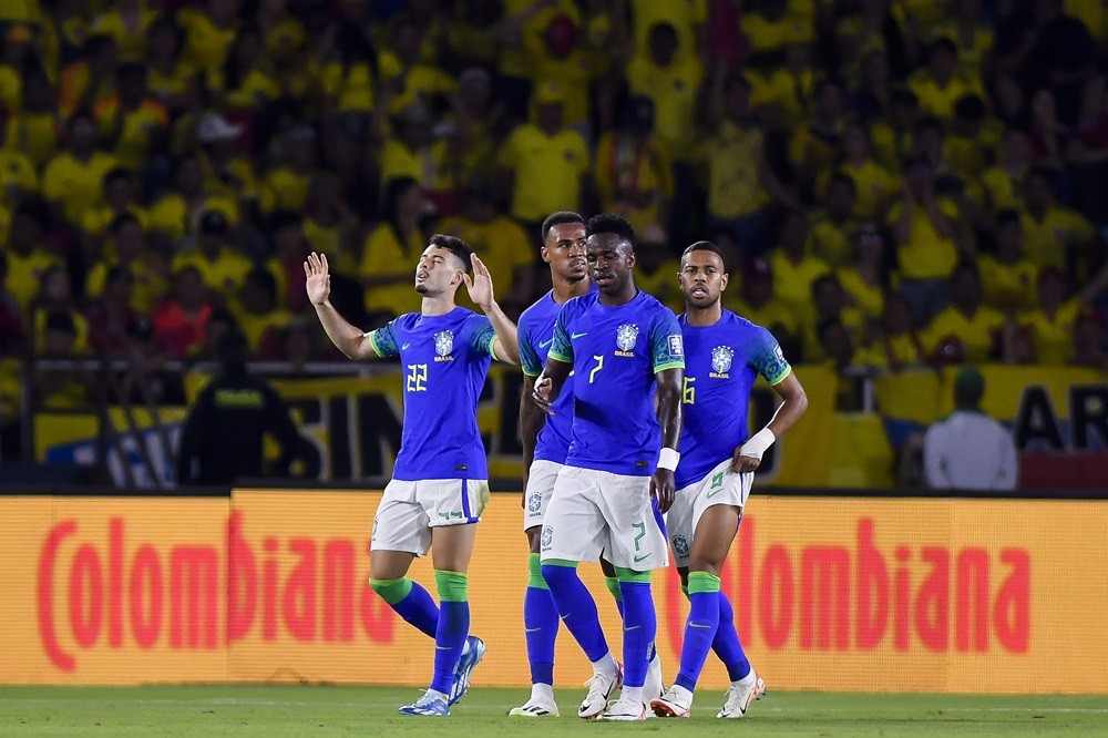 BARRANQUILLA, COLOMBIA: Gabriel Martinelli of Brazil celebrates with teammates after scoring the team's first goal during the FIFA World Cup 2026 Q...