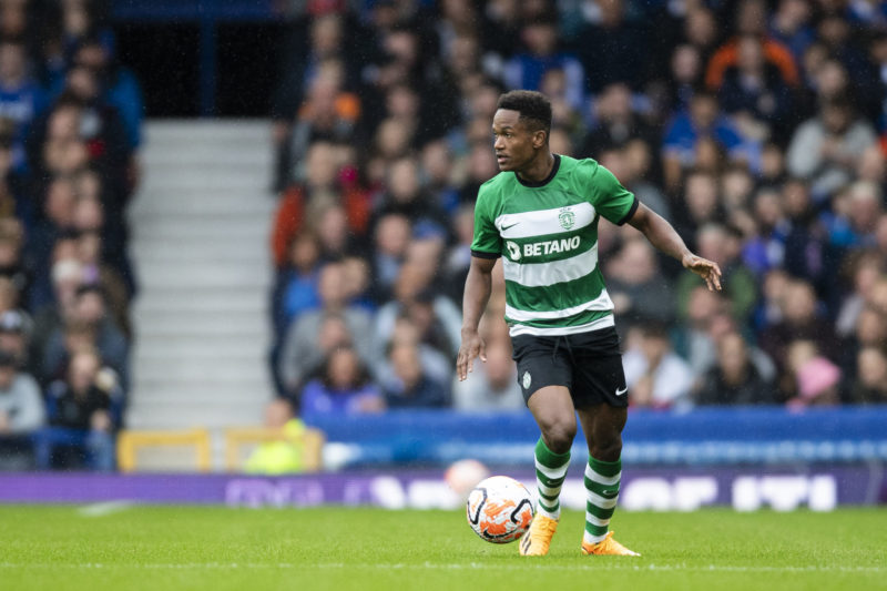 LIVERPOOL, ENGLAND - AUGUST 5: Geny Catamo of Sporting CP in action during the pre-season friendly match between Everton and Sporting Lisbon at Goodison Park on August 5, 2023 in Liverpool, England. (Photo by Jess Hornby/Getty Images)