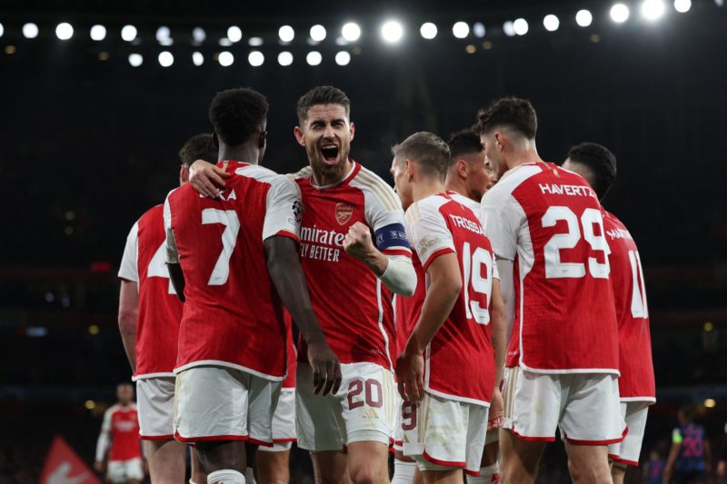 Arsenal midfielder's agent hints at interest from Italian giants 4 Arsenal's Italian midfielder #20 Jorginho (C) celebrates with teammates after their opening goal during the UEFA Champions League Group B football match between Arsenal and Sevilla at the Emirates Stadium in north London on November 8, 2023. (Photo by ADRIAN DENNIS/AFP via Getty Images)