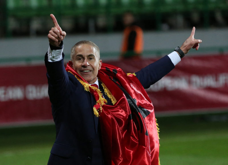 Albania's Brazilian head coach Sylvinho celebrates the qualification after the UEFA Euro 2024 Group E qualifying football match between Moldova and...