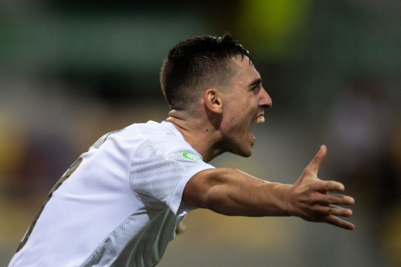 Israel's midfielder Oscar Gloukh celebrates scoring during the UEFA Under-19 European Championship semi-final football match between France and Isr...
