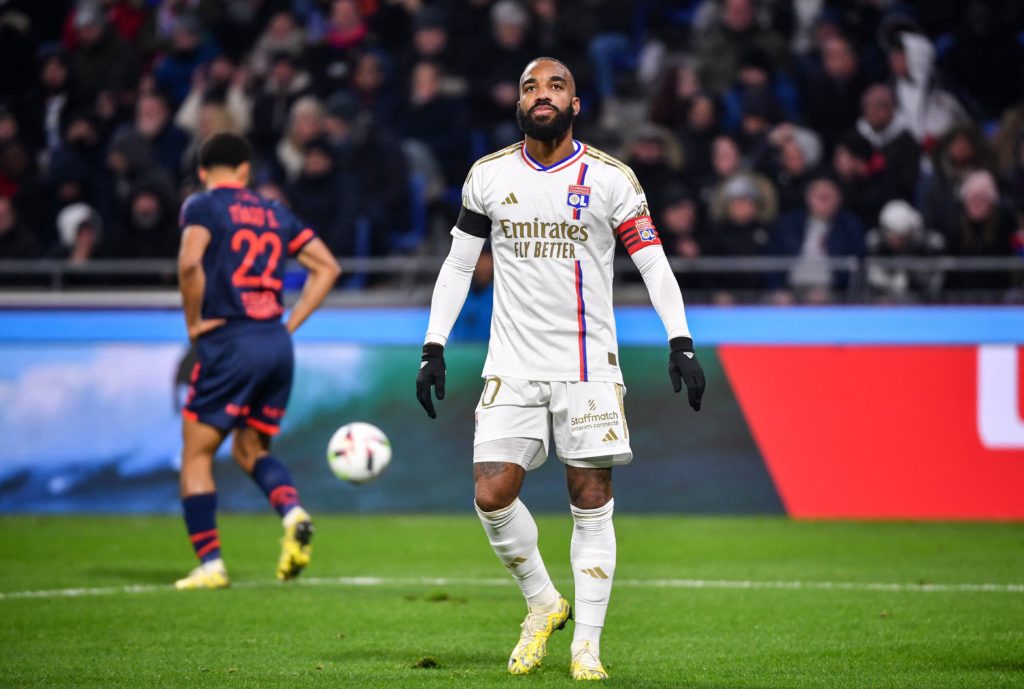 32yo former Gunner on track for Olympics u21 call-up 3 Lyon's French forward #10 Alexandre Lacazette reacts after missing a goal opportunity during the French L1 football match between Olympique Lyonnais (Lyon) and LOSC (Lille) at the Groupama stadium in Lyon, central eastern France on November 26, 2023. (Photo by ARNAUD FINISTRE/AFP via Getty Images)
