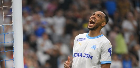 Marseille's French-Gabonese forward #10 Pierre-Emerick Aubameyang reacts during the French L1 football match between Olympique de Marseille (OM) and Brest at the Velodrome stadium in Marseille, southern France, on August 26, 2023. (Photo by NICOLAS TUCAT/AFP via Getty Images)