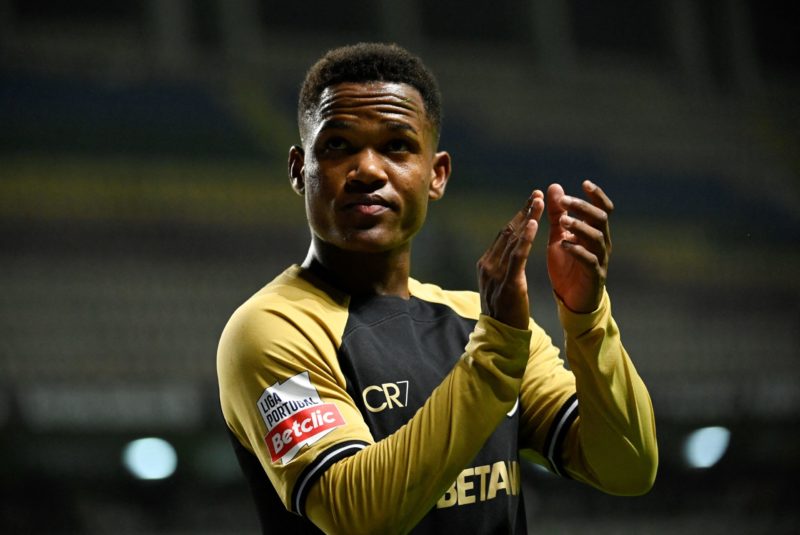 Sporting Lisbon's Mozambican forward #21 Geny Catamo gestures during the Portuguese league football match between Boavista FC and Sporting CP at th...