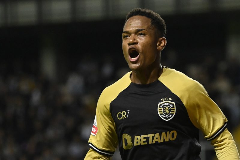 Sporting Lisbon's Mozambican forward #21 Geny Catamo celebrates after scoring his team's first goal during the Portuguese league football match between Boavista FC and Sporting CP at the Estadio do Bessa Seculo XXI in Porto, on October 30, 2023. (Photo by MIGUEL RIOPA/AFP via Getty Images)