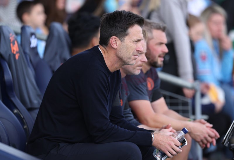 MANCHESTER, ENGLAND - OCTOBER 08: Gareth Taylor the manager of Manchester City looks on during the Barclays Women´s Super League match between Manc...