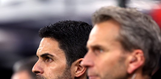 NEWCASTLE UPON TYNE, ENGLAND - NOVEMBER 04: Mikel Arteta, Manager of Arsenal, looks on during the Premier League match between Newcastle United and Arsenal FC at St. James Park on November 04, 2023 in Newcastle upon Tyne, England. (Photo by Ian MacNicol/Getty Images)