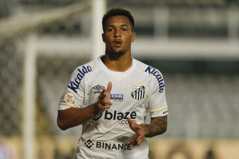 SANTOS, BRAZIL - JULY 23: Marcos Leonardo of Santos celebrates after scoring the team's second goal during the match between Santos and Botafogo as part of Brasileirao Series A 2023 at Urbano Caldeira Stadium (Vila Belmiro) on July 23, 2023 in Santos, Brazil. (Photo by Ricardo Moreira/Getty Images)